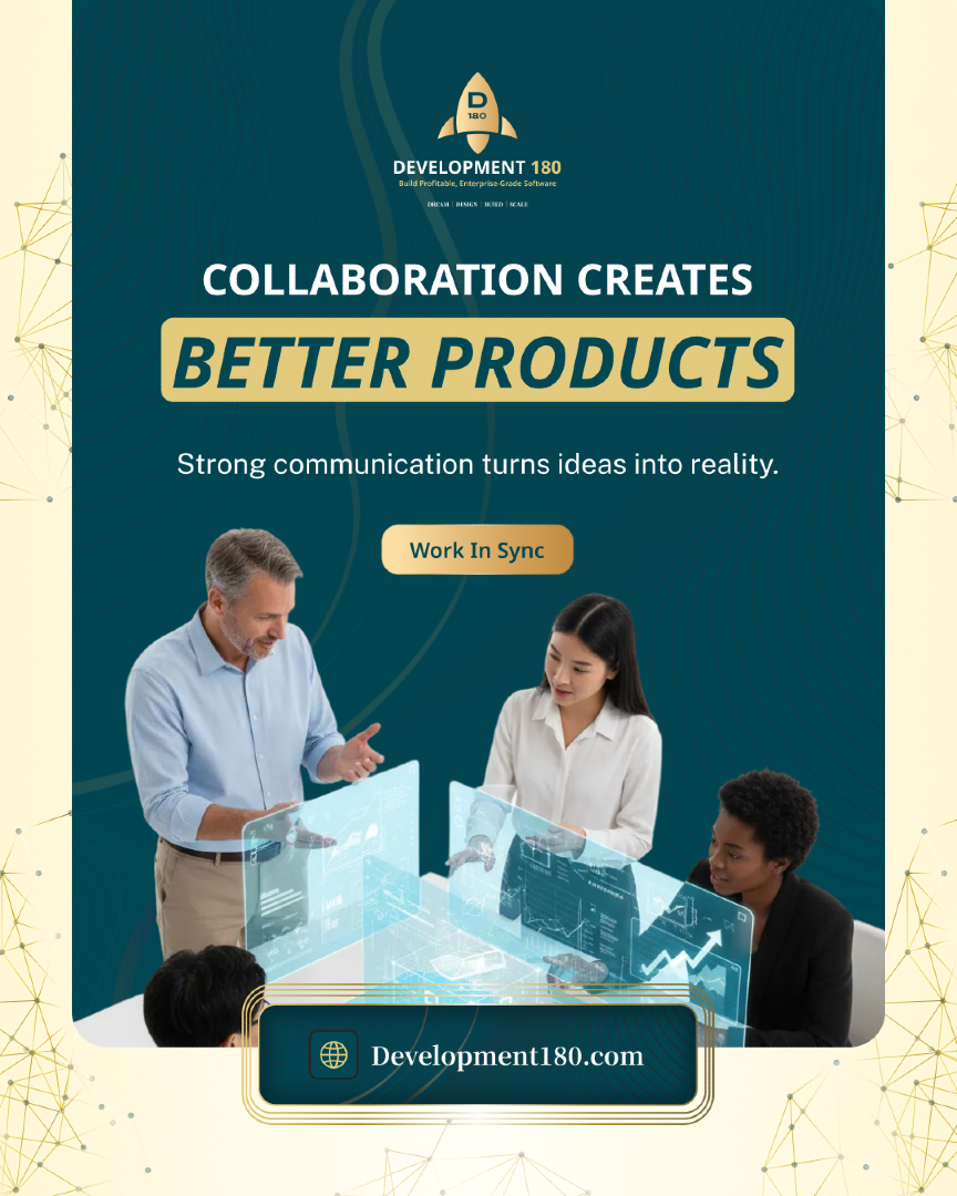 Development180's tweet photo. Great products are built by teams that communicate clearly and frequently.
When vision, engineering, and strategy work in sync, ideas become powerful, scalable realities.
Better collaboration = better results.
#Development180 #ProductCollaboration #TeamAlignment #BuildBetter https://t.co/onZRl5KfJR