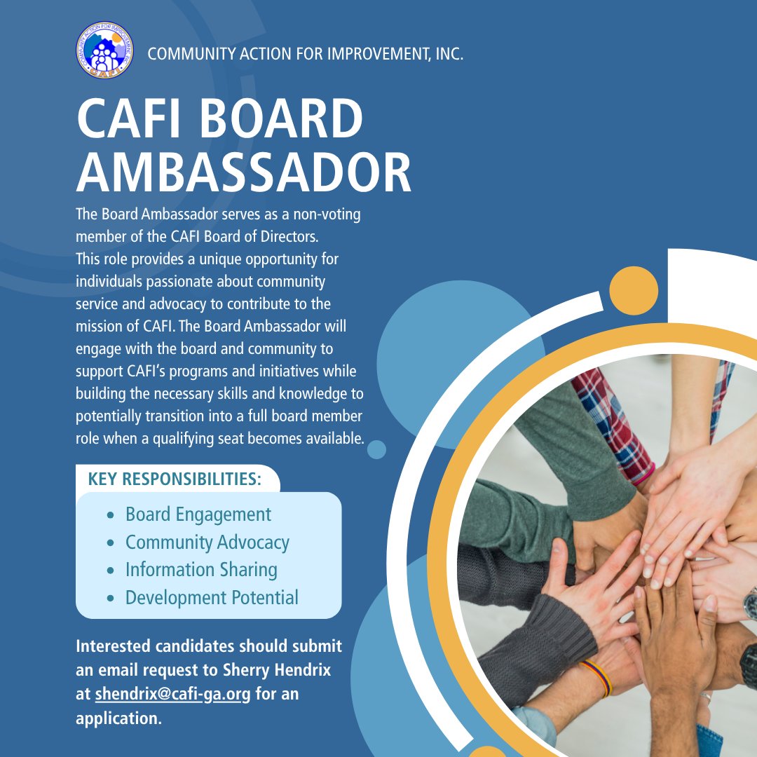CAFI_Inc_GA's tweet photo. 📣 We are seeking Board Ambassadors to serve on our #CAFI Board of Directors!
Interested in applying? Contact Sherry Hendrix at shendrix@cafi-ga.org for an application.
#CommunityAction #LaGrangeGA https://t.co/z9A3SdIz4i