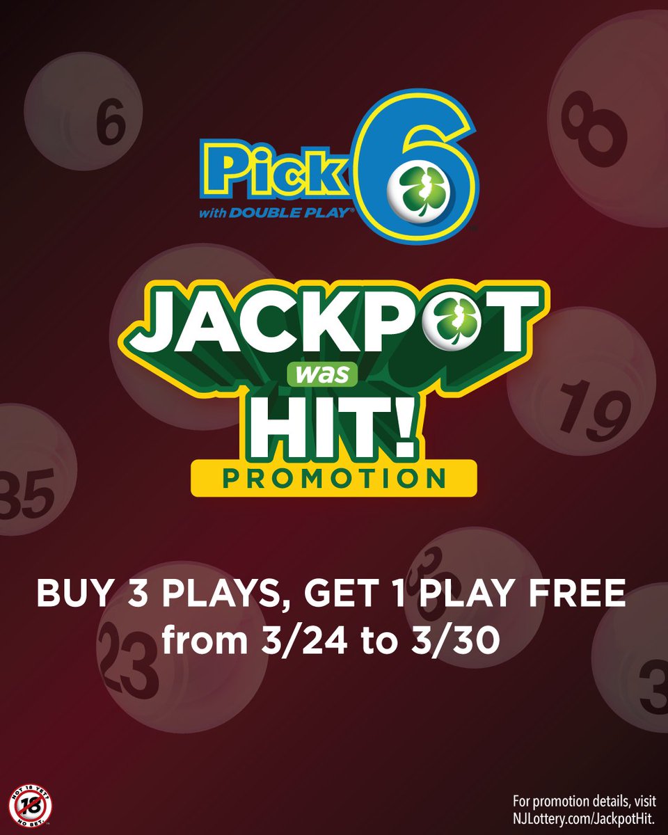 NJLottery's tweet image. The Pick-6 jackpot was hit on Monday (3/23), which means you can receive a FREE chance to win! 🍀 If you purchase exactly 3 #Pick6 plays on a single ticket, you will receive 1 FREE $2 play. 🔥 Restrictions apply. Promotion valid 3/24-3/30. For Pick-6 game odds, visit