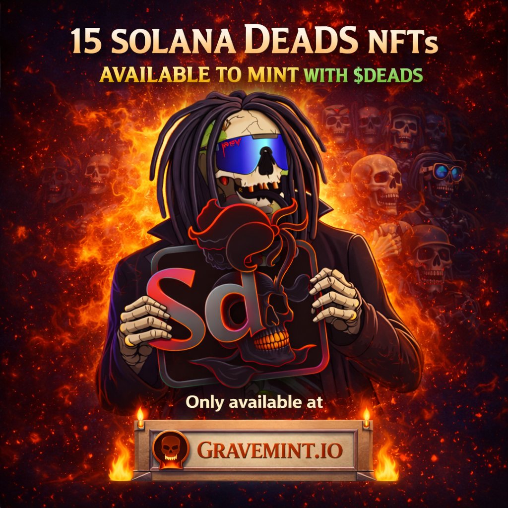 MINT A DEADS NFT WITH $DEADS 💀

Utility, unlocked. 🔒

You can now mint a Solana Deads NFT using $DEADS tokens.

Only 15 NFTs available.
First 15 to mint take them.

Only on Gravemint.io  🪦