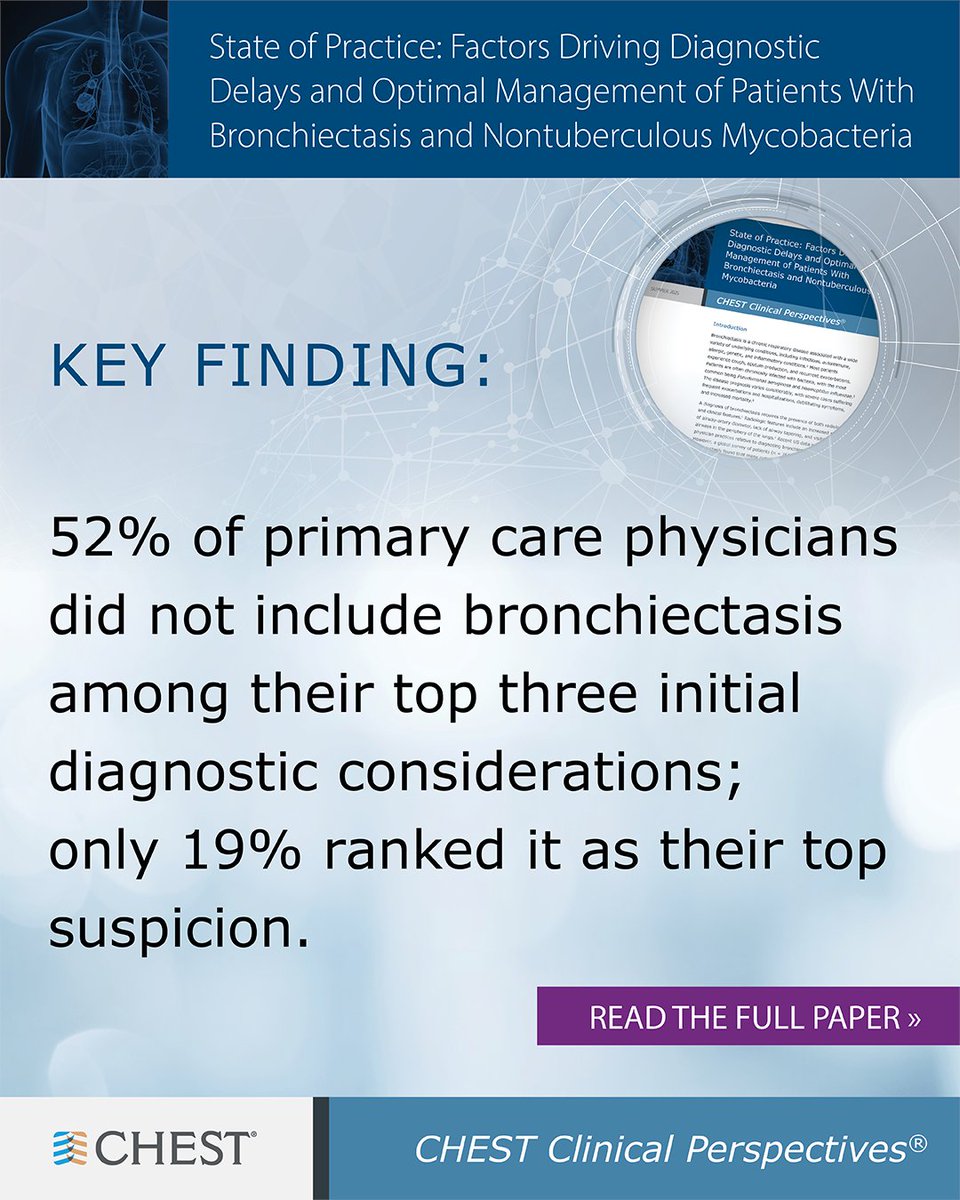 While bronchiectasis emerges as the most likely diagnosis, it is frequently not suspected early by primary care physicians (PCPs). Learn more by reading the new CHEST Clinical Perspectives white paper. hubs.la/Q044xmxf0
