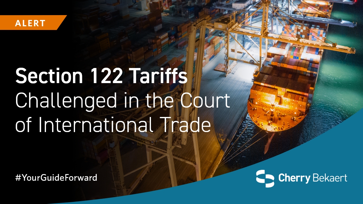 CherryBekaert's tweet image. Section 122 tariffs are being challenged in the U.S. Court of International Trade. The case raises questions about the authority and scope of recently imposed tariffs — with potential implications for importers. Learn more: okt.to/guJG1F  

#TradeAlert #Tariffs