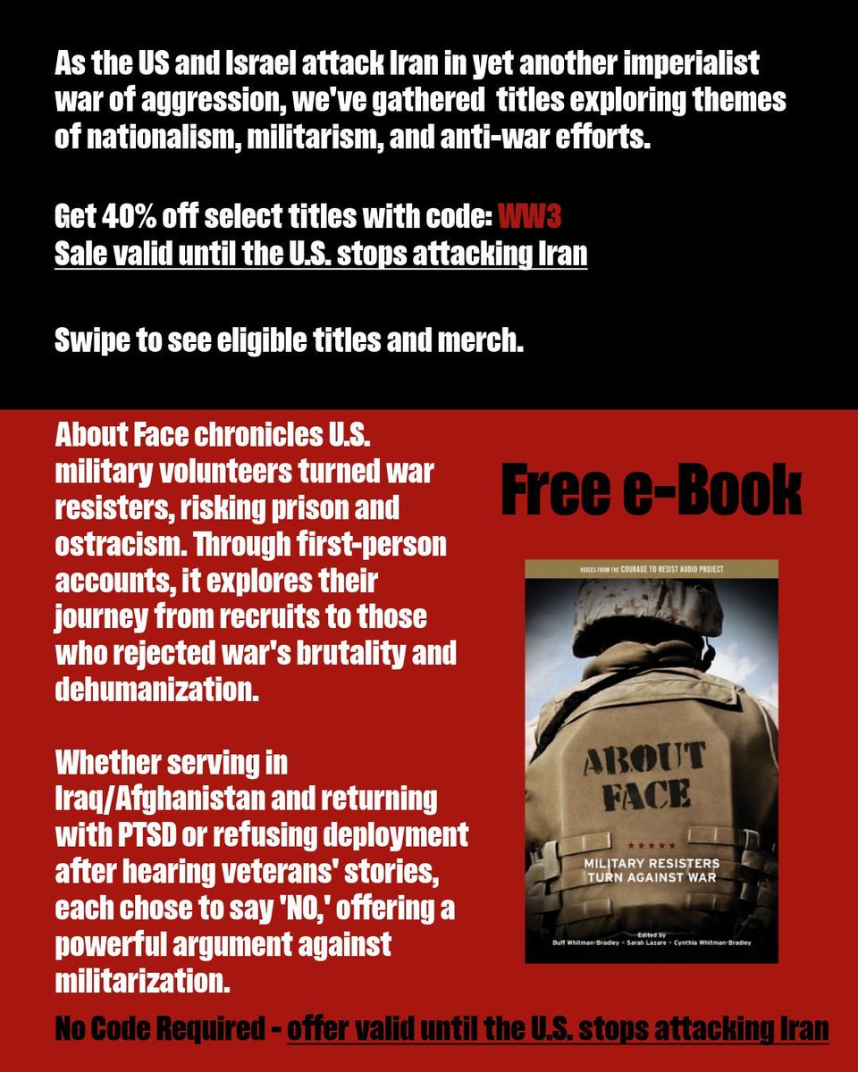PMPressOrg's tweet photo. As the US and Israel attack Iran in yet another imperialist war of aggression, we've gathered titles exploring themes of nationalism, militarism, and anti-war efforts. 
Shop the sale here: https://t.co/mqhYgRWigm
Get a free e-Book here: https://t.co/LA6R4490fC https://t.co/fzRphzxEn0