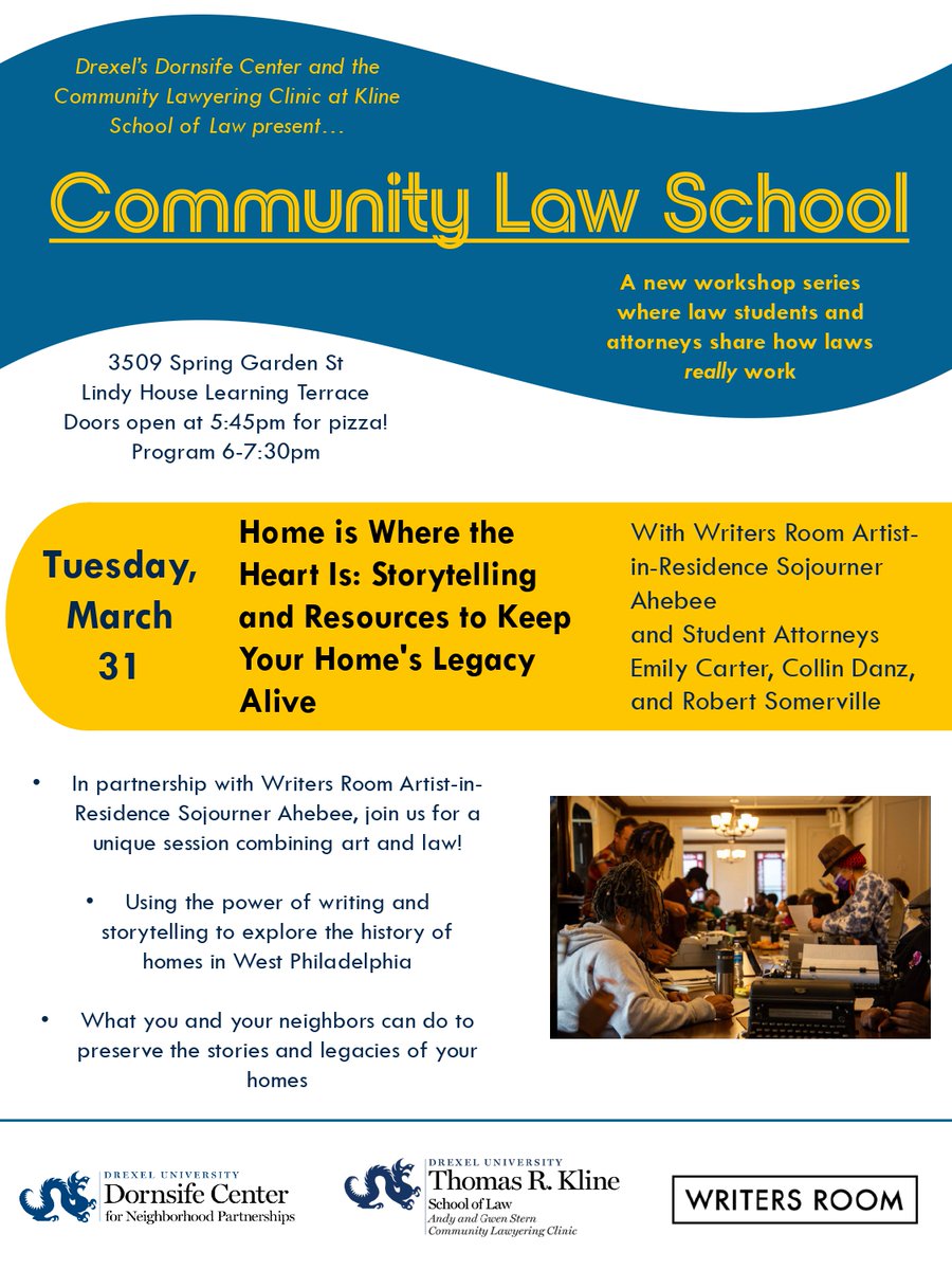 DornsifeCenter's tweet photo. The Community Law School is partnering up with Writers Room to host a storytelling event exploring the significance of homes in Philly! | March 31st, 6-7:30pm, 3509 Spring Garden St. https://t.co/1koKgp3oN1