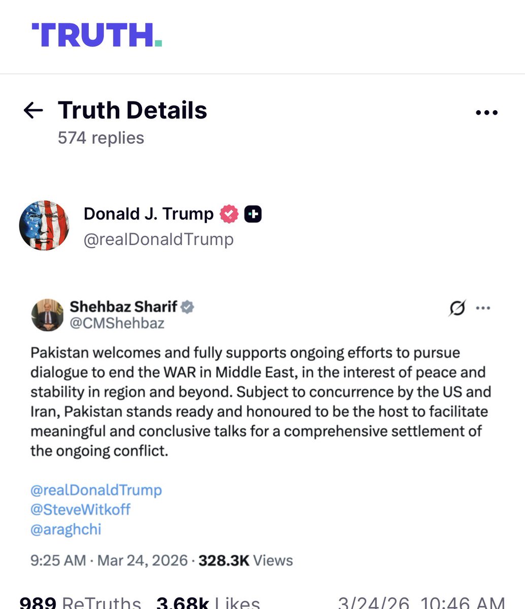 Razarumi's tweet photo. Pakistan offers to host U.S.–Iran talks; and Donald J. Trump amplifies it on Truth Social.
Pakistan has a vested interest in getting a ceasefire effected. Pak-Iran border is 900+ kilometers long. And it can’t get stuck between Saudis and Iran. Not to mention the energy crisis! https://t.co/lNYVHOh5Vb
