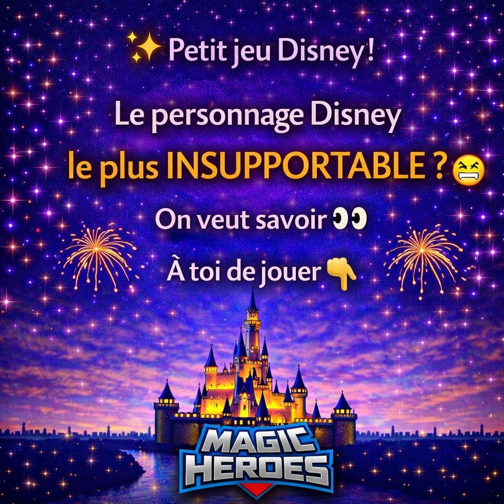 ✨ Petit jeu Disney !

Selon vous…

Quel est le personnage Disney le plus insupportable ? 😬

On veut vos avis 👀👇

#MagicHeroes #Disney #FansDisney #DisneyAddict #JeuDisney #TeamDisney #Debat