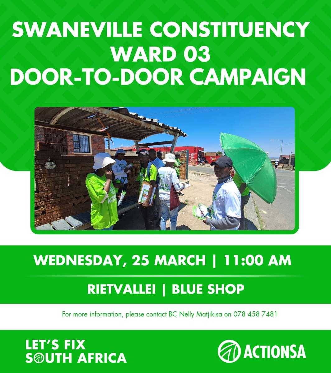 MCActionSA's tweet image. Ward 03 Door-to-Door Campaign in Rietvallei.
Join us this Wednesday at 11:00 AM at Blue Shop as we connect with residents and hear your concerns. Together, we can fix South Africa. 🇿🇦🟢
#Ward03 #Rietvallei #DoorToDoor #CommunityFirst #ActionSA