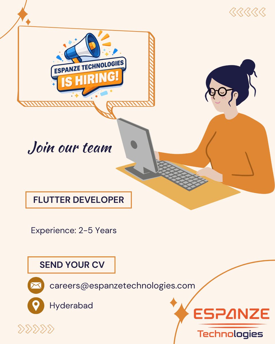 EspanzeTech's tweet photo. 🚀 Hiring Flutter Developer at Espanze Technologies!
📍 Hyderabad/Remote | 🧑‍💻 2–5 yrs

Build high-performance mobile apps with Flutter &amp; Dart.

📩careers@espanzetechnologies.com)

LinkedIn: https://t.co/9bhCfpdIEo

#Hiring #FlutterJobs #espanzetechnologies https://t.co/ZpJfQKDvPU