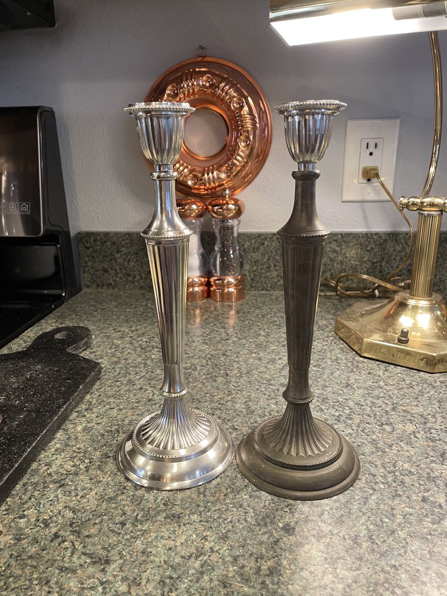 LoriGaye1's tweet image. SO…this past weekend I found this pair of filthy candlesticks for $4 at the Flea Market. They turned out to be silver over brass, manufactured by the Eton Company in the 1960s-1980s. Lots of cleaning using three different products, but nice for $4!