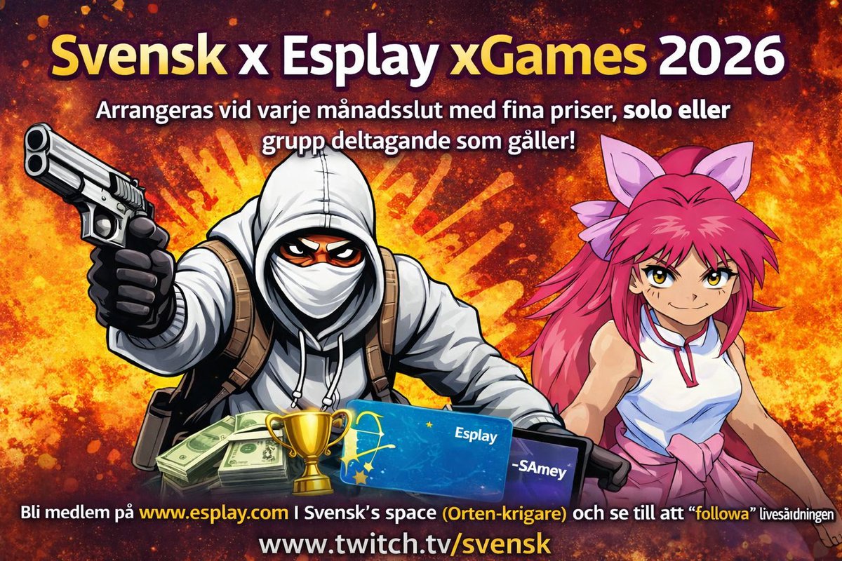 MISSA INTE!! Svensk x Espay | x Games 2026! Som hölls vid slutet av varje månad där det väljs ut slumpmässiga CS 2 kartor där vinnaren av varje karta samlar nycklar och där den till 5 nycklar vinner fina priser :) ALLT SKER PÅ FREDAG KL 20.00! Twitch.tv/Svensk <a href="/Esplaycom/">Esplay</a>