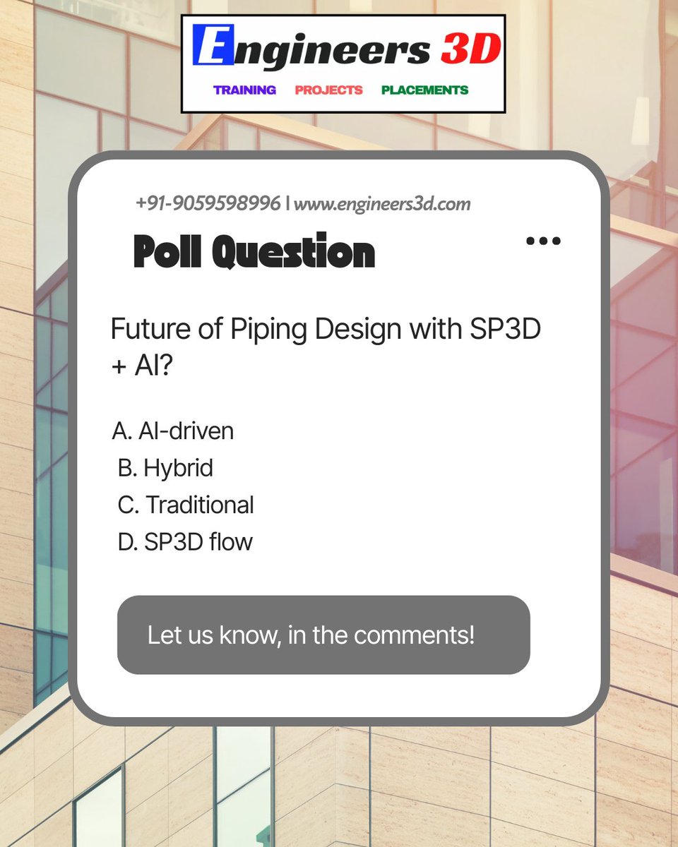 Engineers3d's tweet image. Engineers, ready to rethink piping design? SP3D meets real project workflows + AI magic. Are you sticking classic or going futuristic? Vote now and spark the debate shaping next-gen engineering 🚀

#PipingEngineering #SP3D #SmartPlant3D #EngineeringDesign #PlantDesign #3D
