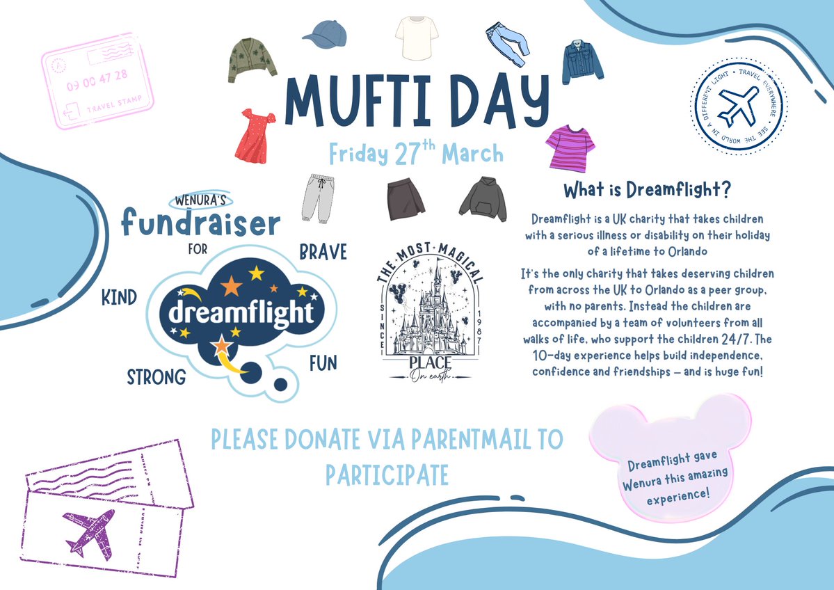 Mufti Day this Friday! Swap your uniform for your favourite outfit and help us support a great cause. We&rsquo;re proud to be raising funds for&nbsp; @Dreamflight 

Donations can be made easily via ParentPay  Let&rsquo;s make a difference together! Image