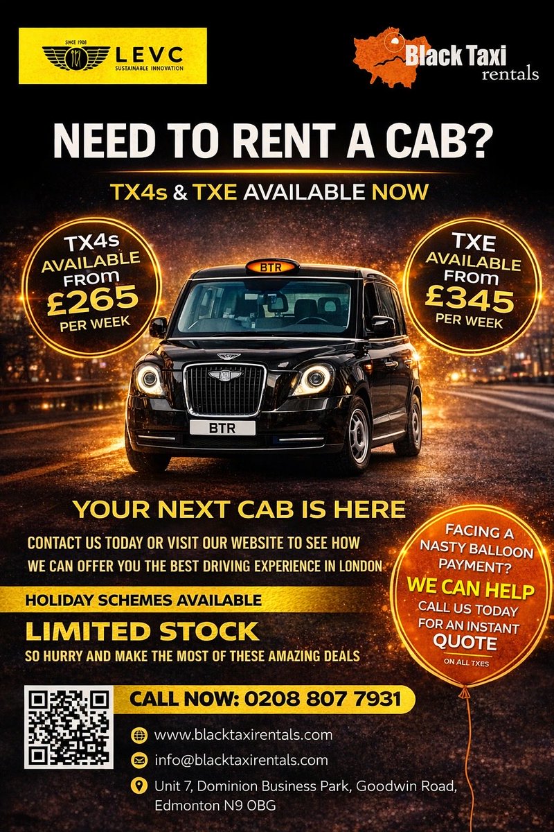 Drive smarter with the iconic LEVC TXE⚡️🚖

Rent with confidence and enjoy a smooth, stress-free experience from day one.
✅Full backup service
✅Hassle-free renting
✅Reliable, electric &amp; cost-efficient
✅Dedicated support team
✨Holiday scheme available
 Everything you need to