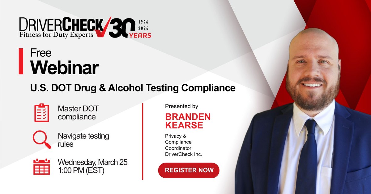 DriverCheckCA's tweet photo. 🚨 Last chance to register! Our FREE DOT webinar is tomorrow!

Join DriverCheck for a practical session on U.S. DOT drug &amp; alcohol testing requirements for FMCSA-regulated employers &amp; cross-border carriers.

🗓️ March 25, 2026 | 1:00 PM EST |

Register 👉 https://t.co/Zn0cqRmJGP https://t.co/dJ9dprP0Ih