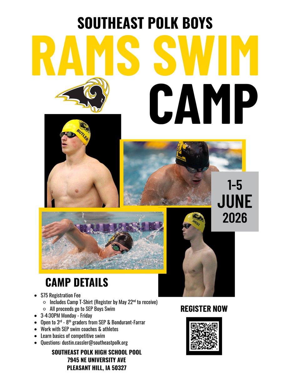 SEPRamsSwim's tweet photo. If you have a 3rd-8th grade boy in the SEP or Bondurant-Farrar school districts, please consider registering them for our competitive swim camp June 1st-5th. Details are in the flyer. https://t.co/nbojkRH17n