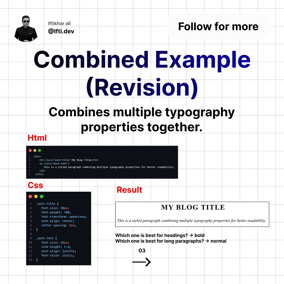 Iftiali_WebDev's tweet photo. Text decoration and styled revision in CSS play a powerful role in transforming simple text into visually engaging content. #FrontendDevelopment #TextStyling #Typography #CSS3 #WebDevelopment #UIDesign #UXDesign #CodingLife #LearnCSS #DesignTips #FrontendDev https://t.co/GPmJf8ZhwE