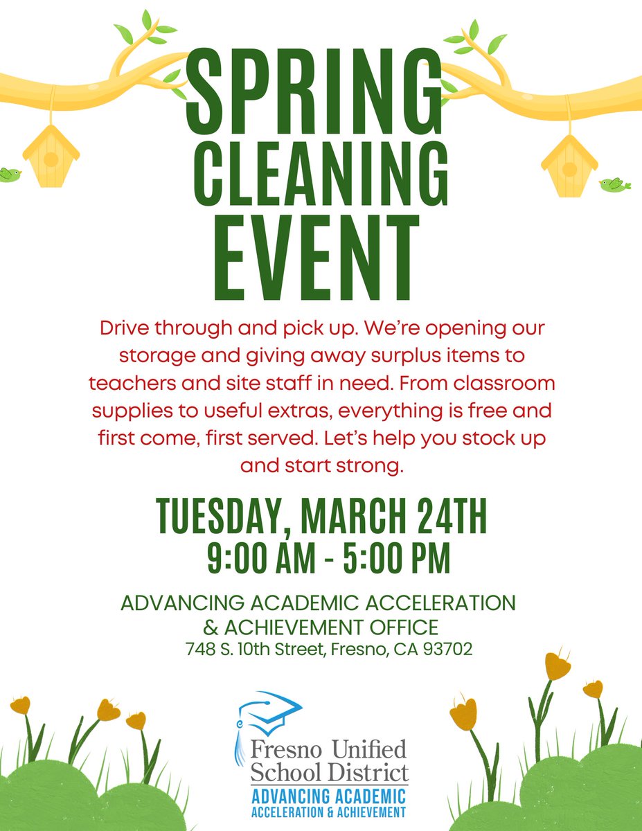A4Fusd's tweet photo. Attention Staff 📢

We’re opening our storage and giving away FREE classroom supplies and extras to help you restock.

📅 March 24 | 9 AM – 5 PM📍 748 S. 10th St., Fresno
First come, first served.

#A4FUSD
#FUSD
#FresnoUnifiedIAmReady https://t.co/LOwbhpH4H3