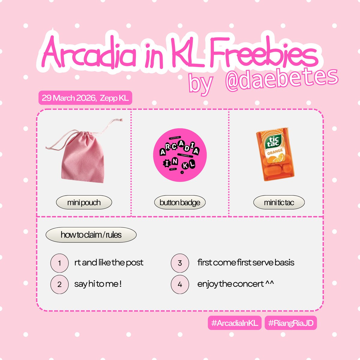 Arcadia in KL — freebies by <a href="/daebetes/">zee</a>

🩷 will update whereabouts on d-day later!!! <3

#RiangRiaJD #ArcadiainKL #ArcadiainMY