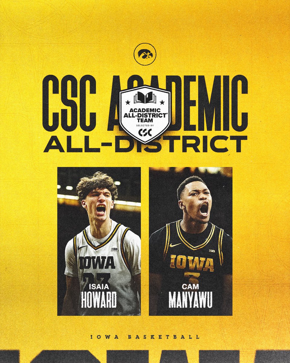 IowaHoops's tweet photo. 2️⃣ Hawkeyes earn CSC Academic All-District honors! 👏

@Isaiahoward1 x @CameronManyawu https://t.co/sBhZZ4PKMU