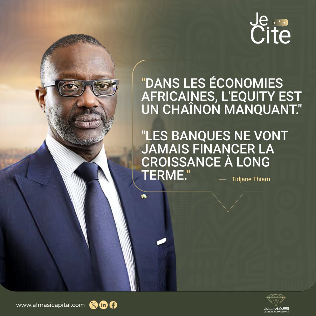 alca237's tweet photo. 🎙️ #JeCite | Tidjane Thiam : "L'equity est le chaînon manquant en Afrique." 🌍
Pour @AlmasiCapital, la croissance ne se prête pas, elle se partage. Financer le futur exige de passer de la dette bancaire aux fonds propres. 🚀💎
#Finance #Equity #CEMAC #Performance https://t.co/xLVyb7yVYw