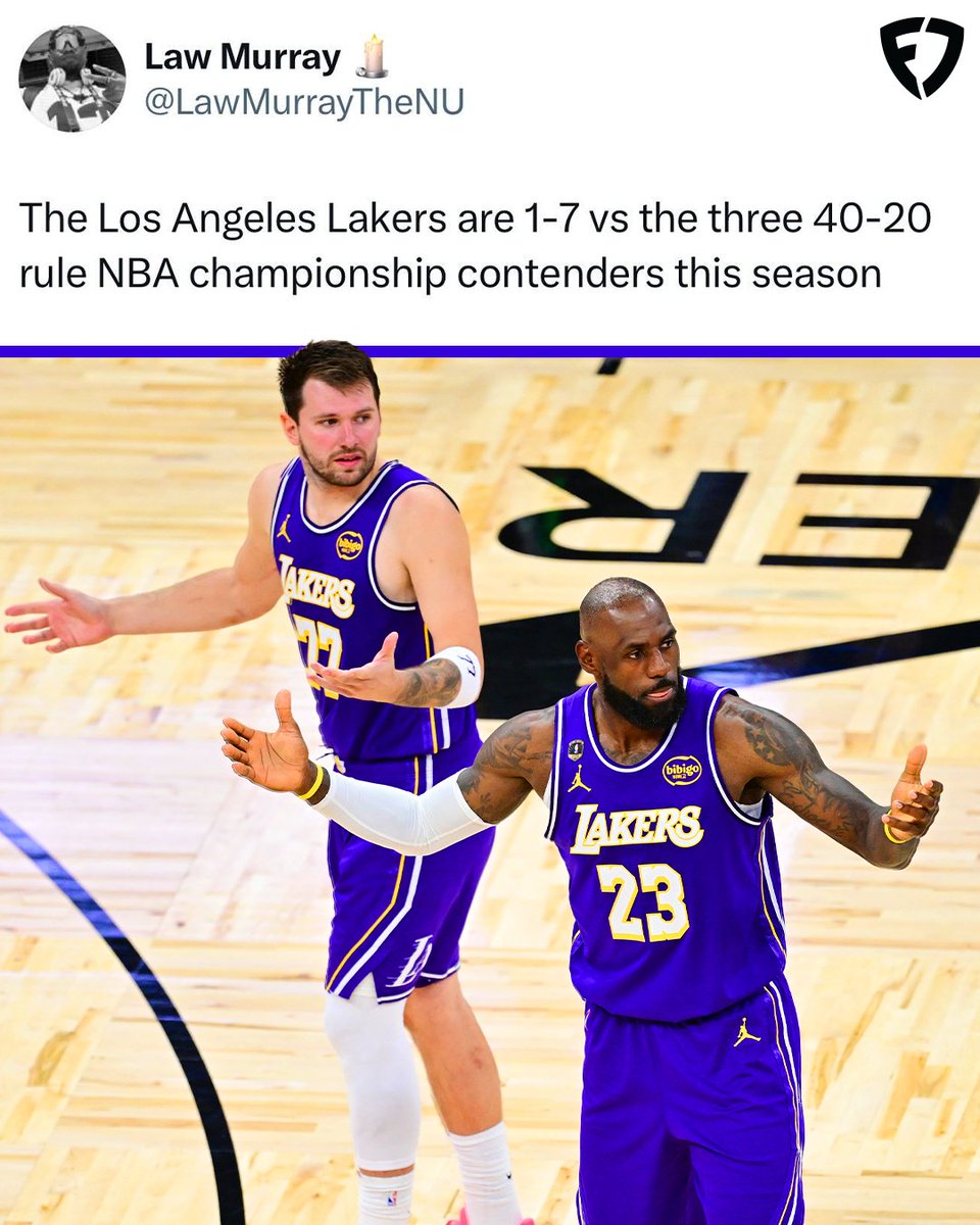 FanDuel's tweet photo. The Pistons, Spurs &amp; Thunder are the only three teams that cleared the 40-20 rule this season...

The Lakers are 1-7 vs. those teams 😬

(via @LawMurrayTheNU) https://t.co/i43UyhfQ8r