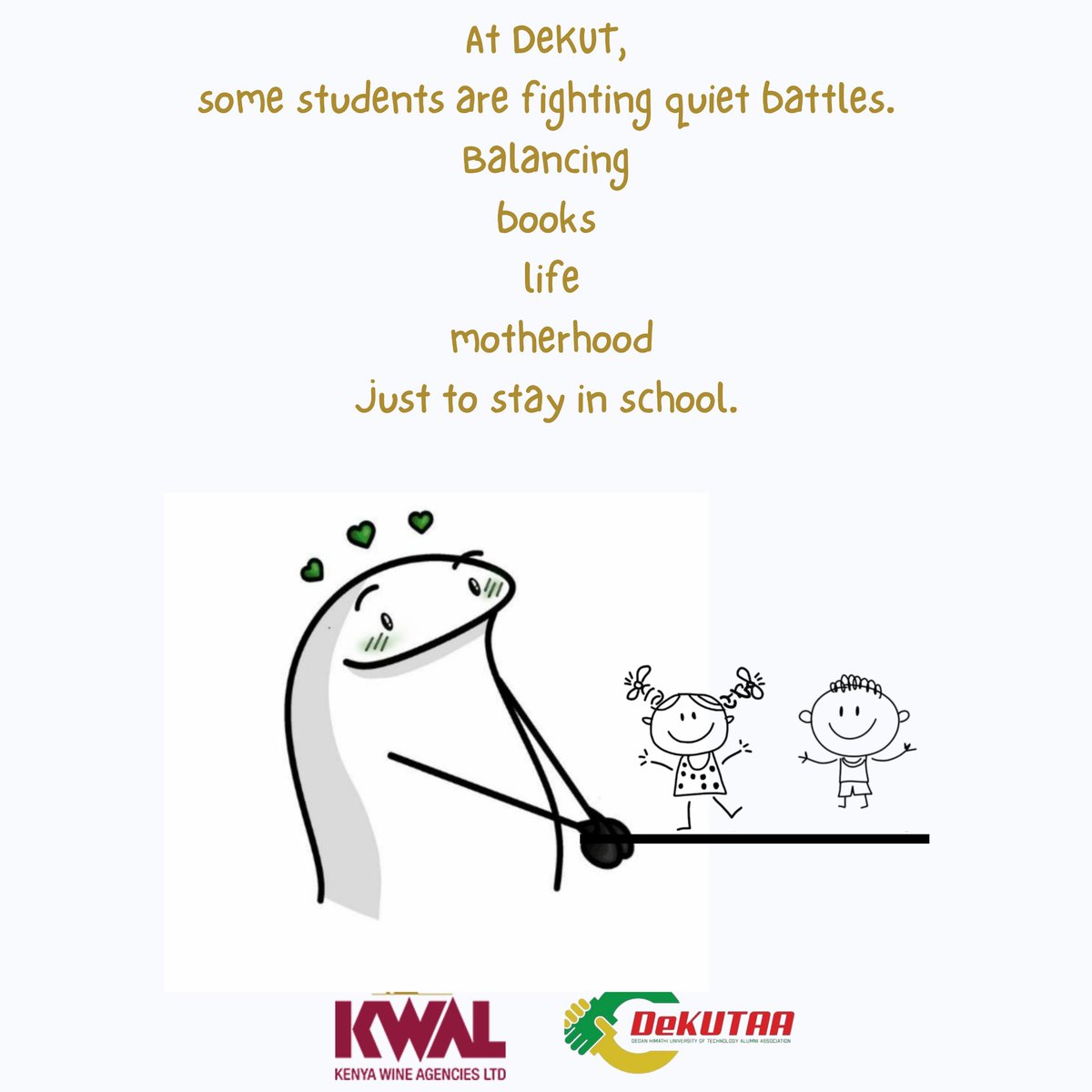 dekut_aa's tweet photo. Dear Kenya Wine Agencies Limited, some moments are worth celebrating, and this is one of them. Miles for Minds Run is building a daycare for student mothers and supporting vulnerable students at DeKUT. Let’s make this moment count together.
#MilesForMinds #DeKUTAA #KWAL 
@KWAL https://t.co/SOOEcj2Ohb