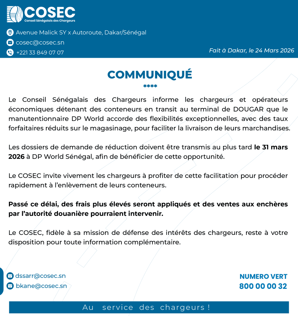 CosecSn's tweet photo. COMMUNIQUÉ IMPORTANT
Le Conseil Sénégalais des Chargeurs - COSEC invite tous les chargeurs concernés à agir rapidement pour éviter toute contrainte supplémentaire.
Pour toute information complémentaire, nous restons à votre disposition.
#cosec #logistique #chargeurs https://t.co/VFYX1QnBmD