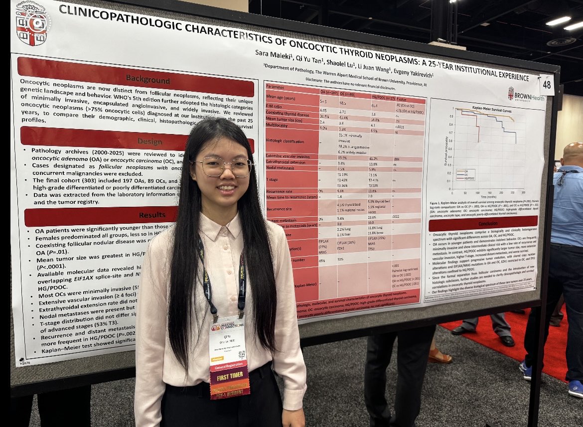 BrownPathology's tweet photo. Congratulations to a rising phenom, Dr. Qi Yu Tan (PGY-1), for her poster presentation on the clinicopathologic features of oncocytic #thyroidpath neoplasms.   Way to represent - your @BrownPathology colleagues are so proud of your accomplishments! https://t.co/fXUe7wj8nm