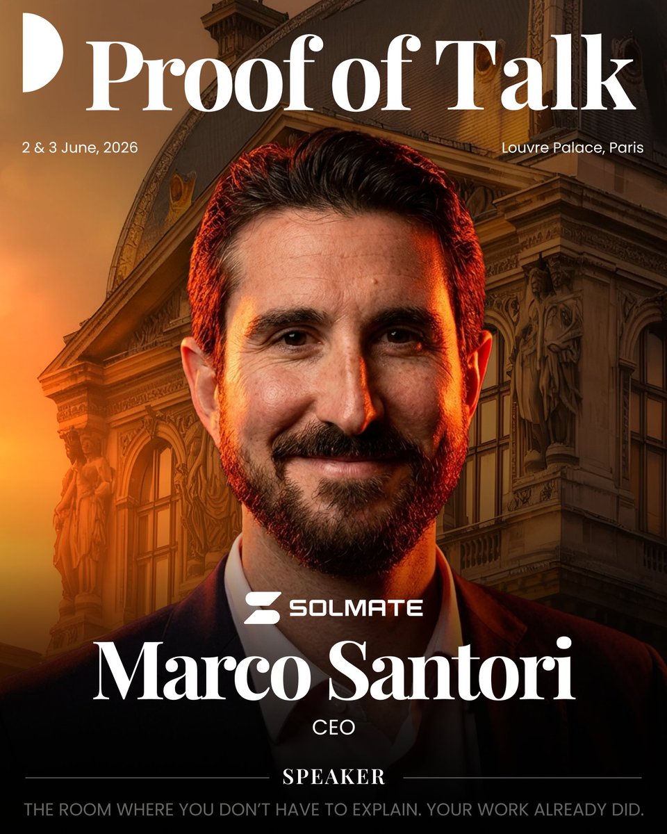 proofoftalk's tweet photo. Before crypto had a rulebook, Marco Santori @msantoriESQ was one of the people writing it. CEO of @Solmate, he joins @proofoftalk 2026 as a speaker this June.

A treasury company pioneer, Marco launched the very first altcoin treasury on the Nasdaq.

Before joining @Solmate as CEO he was a partner at @PanteraCapital, where he helped to structure some of the industry’s best-performing treasuries.

A trained attorney, Marco was once dubbed the "Dean of Digital Currency Lawyers" by the Editor-in-Chief of American Banker.

He was the Chief Legal Officer at @krakenfx, one of the world's largest digital asset exchanges, for five years.

Prior to Kraken, Marco was the President of https://t.co/dKBPwv492T, as well as a Partner at @CooleyLLP, where he led the firm’s global financial technology team.

At Cooley, he invented the SAFT Framework and co-authored the SAFT Project Whitepaper, which became a market standard for crypto capital formation.

He was an advisor to the @monetary_imf and an IMF delegate speaker on financial technology in Asia, Europe and the Middle East.

Marco is joining us at the Louvre this year. Are you in?

Secure your pass → https://t.co/ol4EWRrKxo
