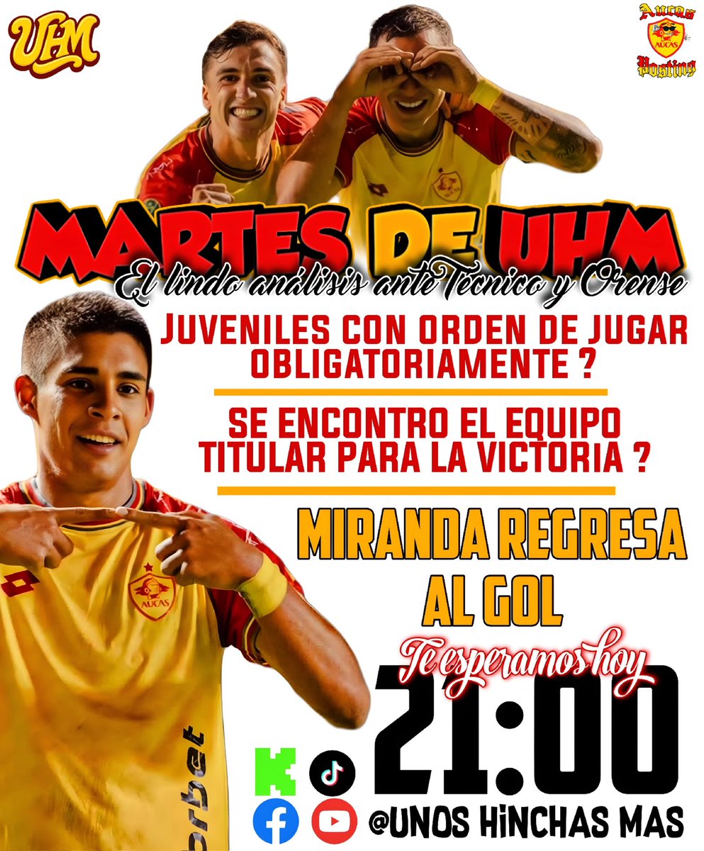 ❤️💛MARTES DE UHM💛❤️

El lindo análisis ante Técnico y Orense.

Juveniles con orden de jugar obligatoriamente?

Se encontró al equipo titular para la victoria?

Miranda regresa al gol.

Te esperamos hoy a las 21 horas.