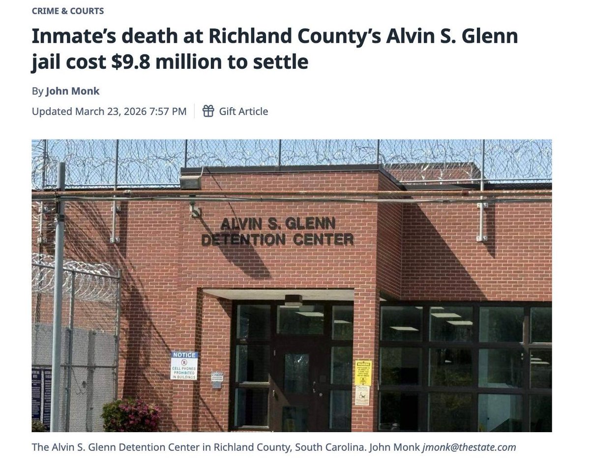 Grateful for this reporting from The State Newspaper and John Monk. The county will pay $3.8 million of the settlement, and Wellpath insurers will pay another $6 million.
thestate.com/.../crime/arti…