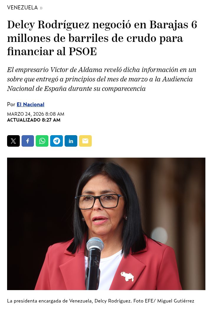 vivassantanaj_'s tweet photo. ¡Ahora todo tiene sentido con Pedro Sánchez y el PSOE! Delcy Rodríguez habría negociado 6 millones de barriles de Pdvsa para financiar al comunismo en España, a costa del hambre de los venezolanos. Rodríguez Zapatero el mediador con Barajas ¡Infelices! https://t.co/r9llNwrk4c