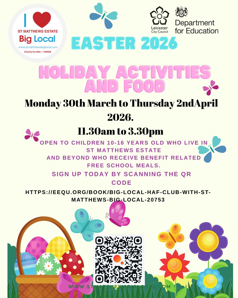 StMatthewsBL's tweet photo. Easter Holiday Activity &amp; Food Programme 🐣
Join us this Easter for 4 fun-packed days of food, games, sports and creative activities in a safe, welcoming space for young people.
🍽️ Daily healthy meals⚽ Team games &amp; activities 🐰 Special Easter fun, including an Egg Hunt! https://t.co/FqOfY6zmx0