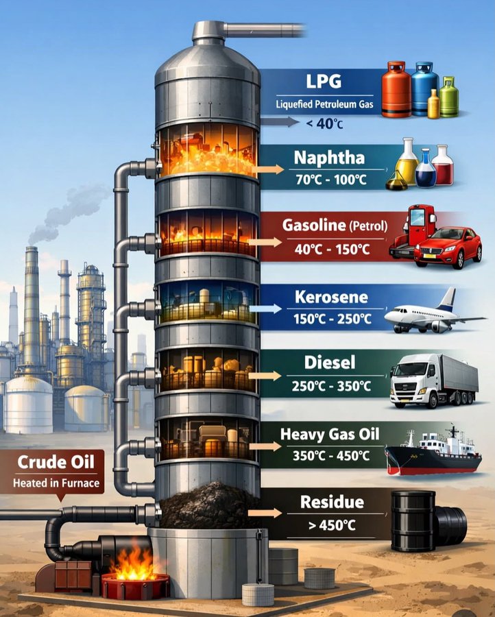 Processus de distillation fractionnée du pétrole brut.
