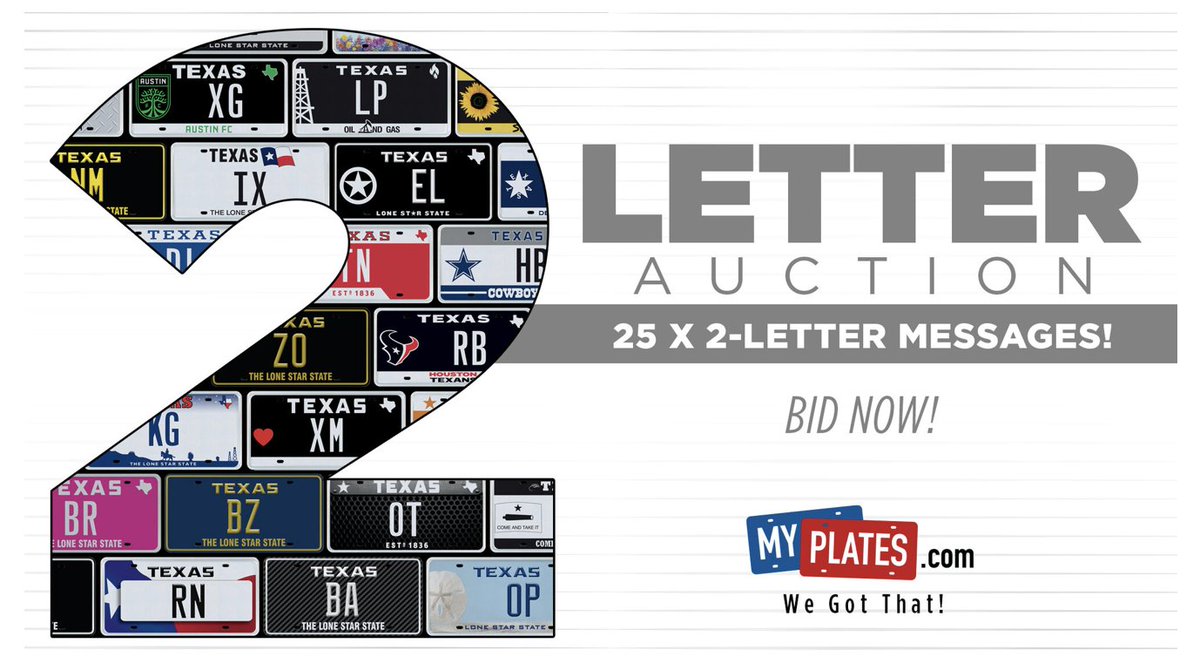 myplates's tweet photo. Happening Now! https://t.co/sarNpUIHY5 featuring 25 2-Letter plate messages like RN, OP, IX, BA, EL, LP and MO (as in more). Easy registration, easy bidding, easy wins. Get in on the action! #MyPlates #Auction https://t.co/4fEpZadSLW
