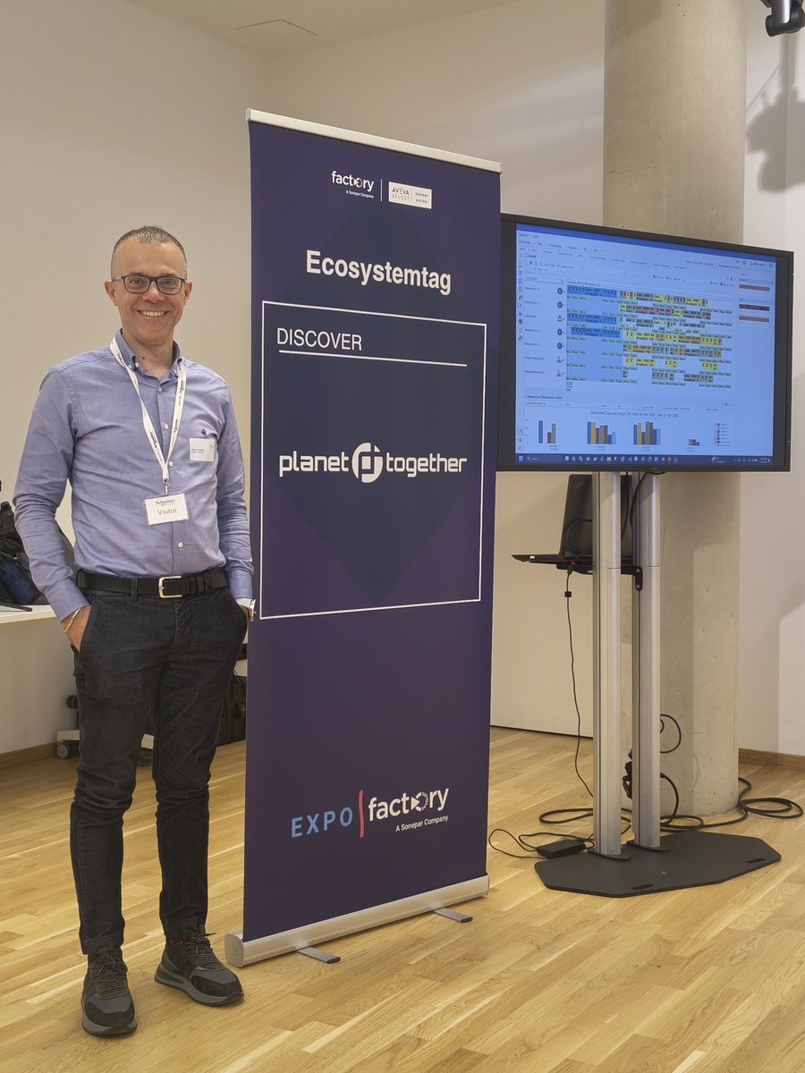 PlanetTogether's tweet photo. AVEVA Ecosystem Day 2026! 
Great to see Sergio Angelillis showcasing how PlanetTogether APS + AVEVA MES turn real-time shop floor data into actionable production plans, with live demos bringing that value to life and sparking conversations around bridging planning and execution. https://t.co/o91ZyEwZ3i