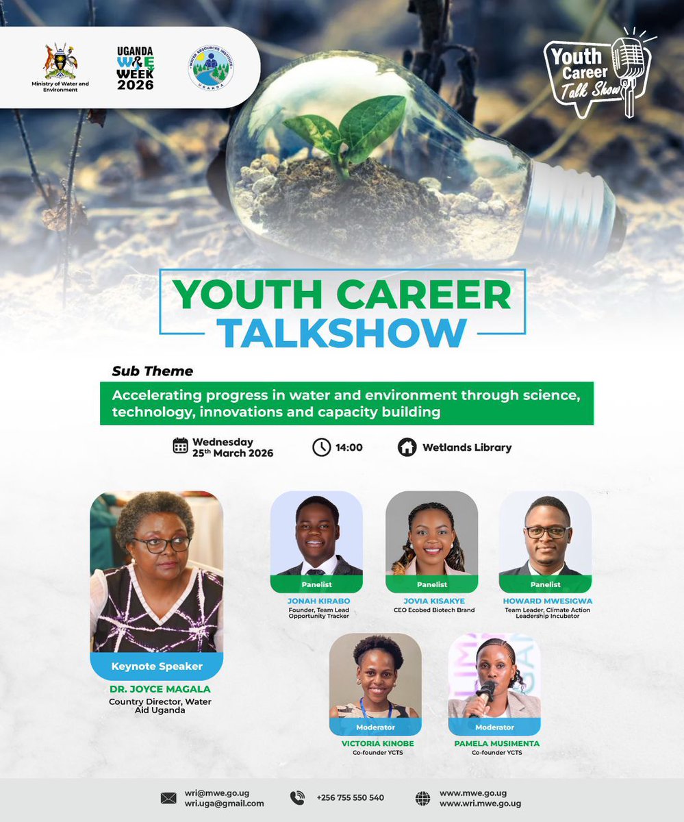 WaterAidUganda's tweet photo. Join us tomorrow at the Uganda Water and Environment Week 2026 for a Youth Career Talkshow.

Our Country Director, Dr. Joyce Magala, will deliver the keynote, joining a dynamic group of young leaders driving innovation in water, sanitation and hygiene.

From climate-resilient solutions to bold ideas shaping the future of WASH, this is a conversation you do not want to miss.

Be part of the dialogue. Be part of the action.

📍 Wetlands Library
🕑 2:00 PM
📅 Wednesday, 25 March 2026

#UWEWK2026 #WASHIsEveryonesBusiness #ClimateResilientWASH #YouthInAction