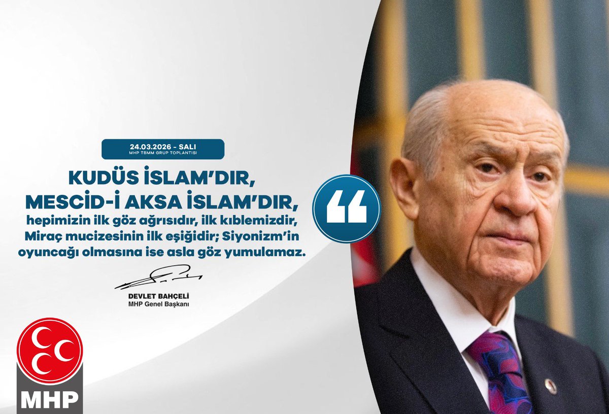 EOzdasli's tweet photo. Kudüs İslam’dır, Mescid-i Aksa İslam’dır, hepimizin ilk göz ağrısıdır, ilk kıblemizdir, Miraç mucizesinin ilk eşiğidir; Siyonizm’in oyuncağı olmasına ise asla göz yumulamaz.

MHP Genel Başkanı
Devlet BAHÇELİ https://t.co/T7tPu20GjC
