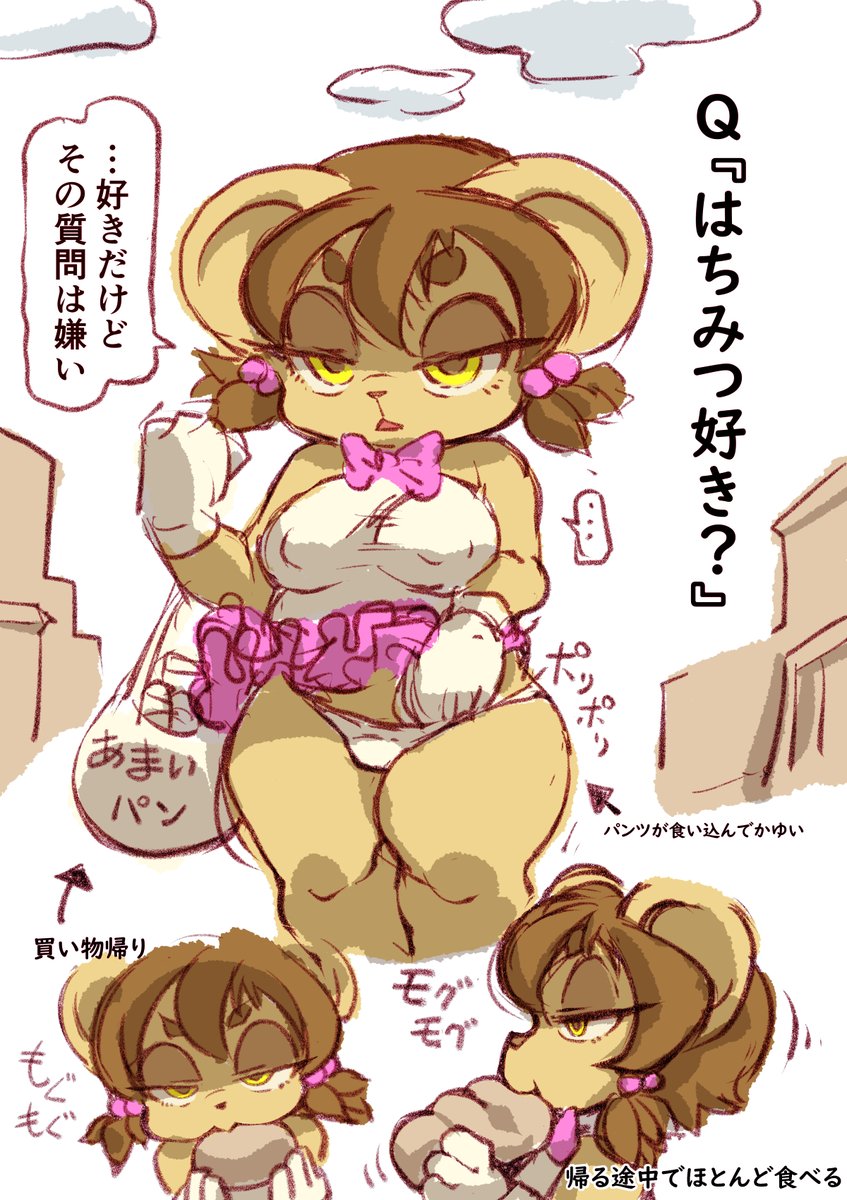 オリキャラついでに周囲の知り合いがケモ描きばかりなので僕も創作したい!って思って考えたけど、まだ名前すら無いケモキャラ すぐ熊に間違われる金持ちの家の小太りなライオンの仔です 冬でもアイスを食べます甘いパンも食べます 