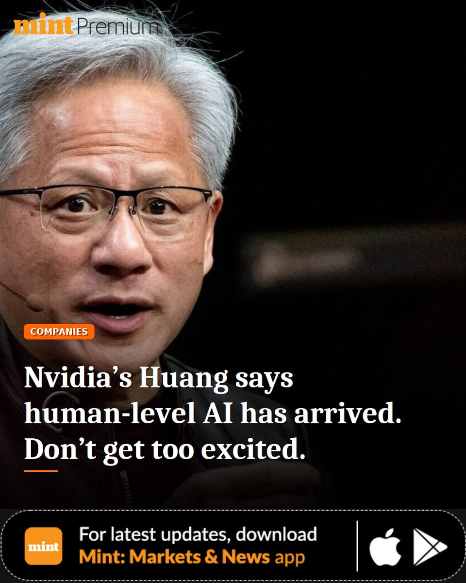 PremiumByMint's tweet photo. Nvidia stock has flatlined in recent months but CEO Jensen Huang is positive about the potential of artificial intelligence.

https://t.co/T9YyhHDj01

#Livemint #Nvidia #JensenHuang #ArtificialIntelligence #HumanLevelAI #MintPremium https://t.co/qUhm4dH6Yq