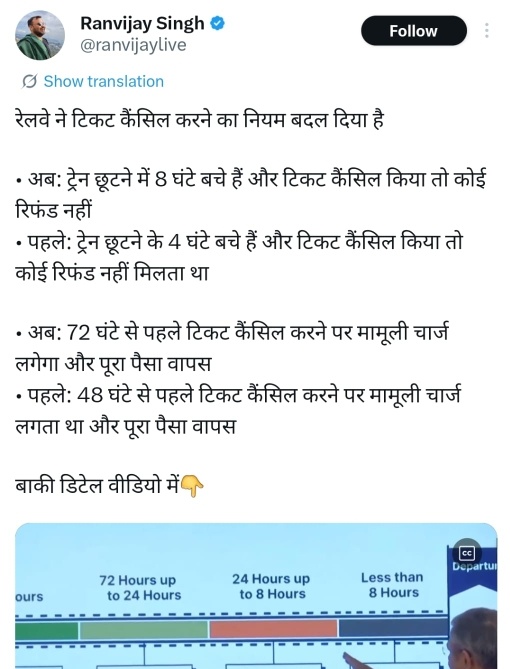Railways has made changes to ticket cancellation &amp; refund policy.

Here are the most important points:

-Chart now prepared 9–18 hours early (was 4 hour). Gives early clarity &amp; more time to plan.

Can change boarding station up to 30 mins before departure.

Flat fees remain the