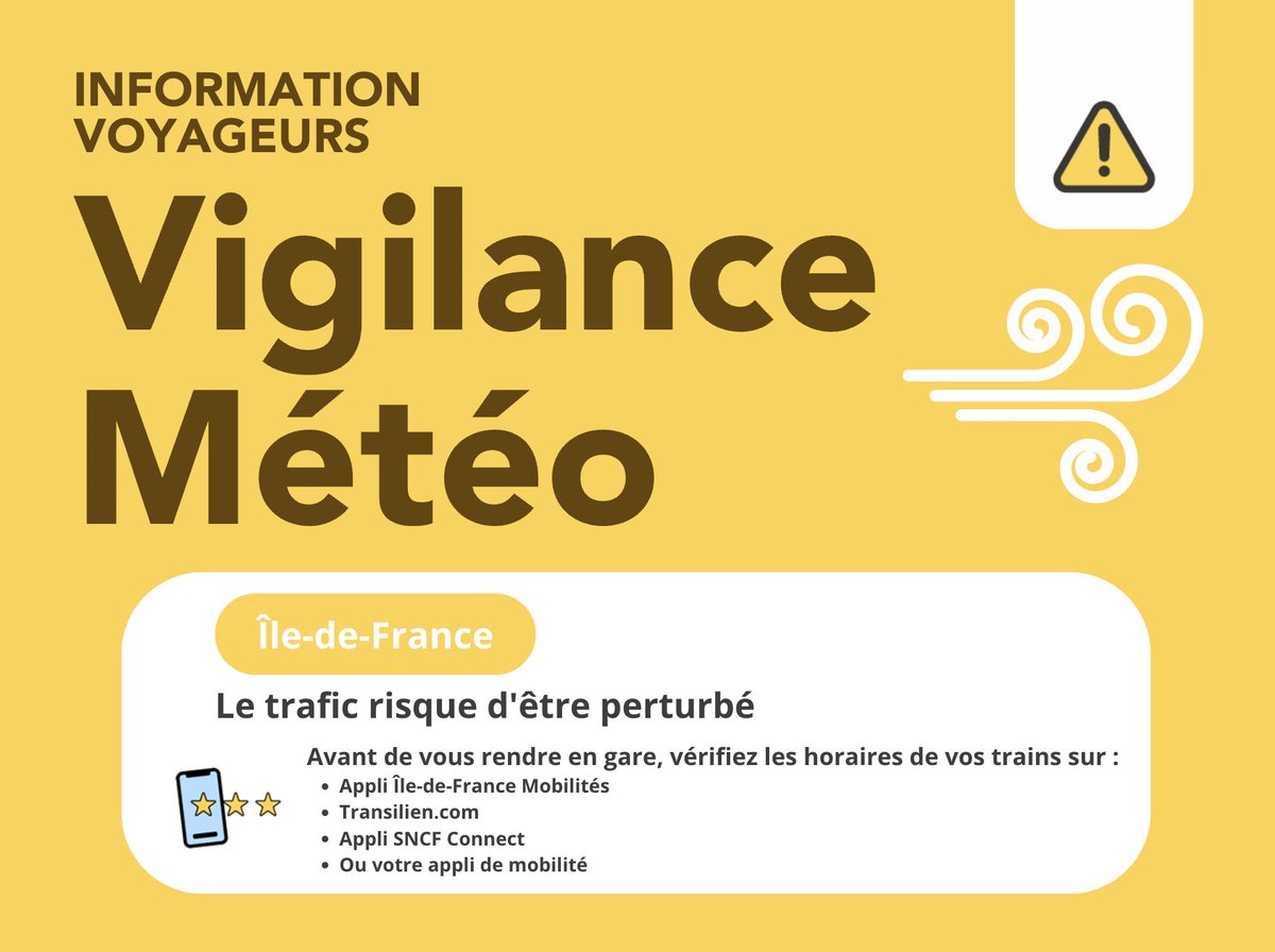 RERE_SNCF's tweet image. 🟡#VigilanceJauneMétéoFrance #Vent

Météo France place notre région en vigilance jaune "Vent".

Le trafic du #RERE risque d'être perturbé le mercredi 25 mars.
