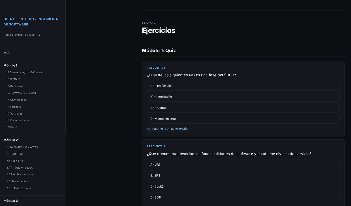 fffackundo's tweet photo. Empecé hace una semana una serie de 6 cursos para obtener un certificado como AI Developer en Coursera. Aún me encuentro en el primero de esos 6 cursos, titulado "Curso de Introducción a la Ingeniería de Software."

Completé los primeros 3 módulos y me propuse repasarlos, reforzar con lectura y hacer ejercicios para asentar bien los conceptos. De ahí surge este documento que quiero compartir con ustedes. 

Descargué todas las transcripciones (.txt) de cada clase, y junto a mis apuntes de cada una, pensaba ponerlo todo en un doc para imprimirlo y leerlo. 

Me pareció una mejor idea, adjuntarle todo eso a Claude, pedirle un documento .html interactivo, con prácticas de UX (tooltips, barra de progreso, sidebar con secciones y capítulos, quiz interactivos, etc).

Te dejo el documento en el hilo para que lo descargues y puedas acceder a los contenidos de estos primeros 3 módulos del curso, explicados a detalle usando tablas comparativas, gráficos, texto (porque nadie se salva de leer teoría), y la mejor parte, una sección de ejercicios para cada módulo, con las respuestas correctas al final del documento. 

Lo hice para mí, pero lo comparto con quién le interese.

PD: Si gusta y veo que tiene apoyo, publico los siguientes 3 módulos, y el resto del curso.  

PD2: Si te interesa el curso y querés hablar del formato de las clases, los contenidos, o sacarte dudas, mandame dm y charlamos sin problema :)

Para quién le interese introducirse formalmente en conceptos de desarrollo, testing, procesos de trabajo, metodologías, y muchos contenidos más podés ver el curso oficial de Coursera en: https://t.co/A2wckNUdVg