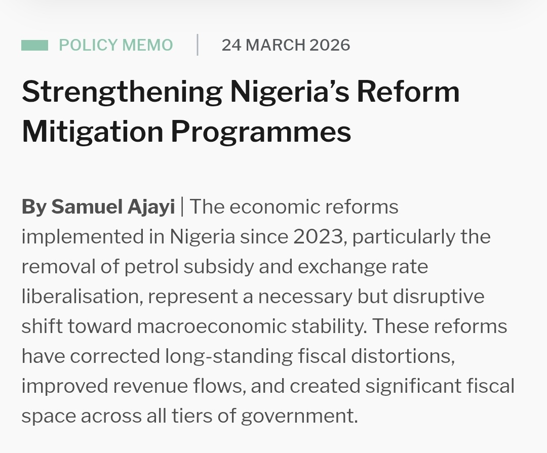 AgoraPolicy's tweet photo. 🚨 Sustaining Reforms Series...3
As follow up to the policy memo released earlier today, @SFAjayi here proposes a social protection framework that directly links relief interventions to savings from economic reforms. 👇🏽
https://t.co/5NQ5WLKFmw
#NESTNigeria
#NESTProgramming