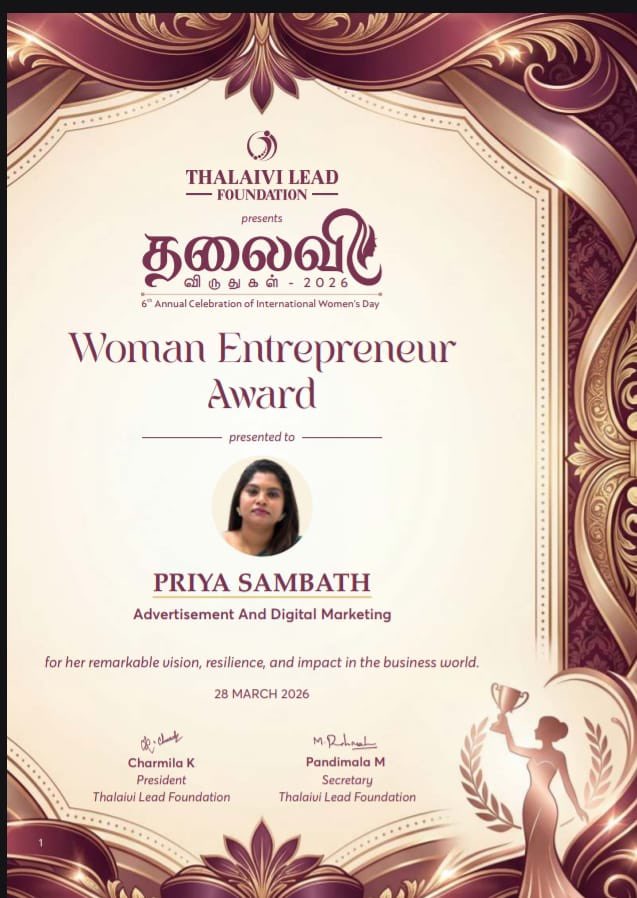 priyaiconn's tweet photo. Pleased to share that I’ve been announced as a Thalaivi Award recipient under Women Entrepreneur in Advertising & Digital Marketing by the Thalaivi Lead Foundation.  

Looking forward to the ceremony on March 28th. Grateful for the support!  

#PriyaSambath #EumaxIndia #ClickTotsTechnologies #IconMediaEntertainment #WomenEntrepreneur #DigitalMarketing