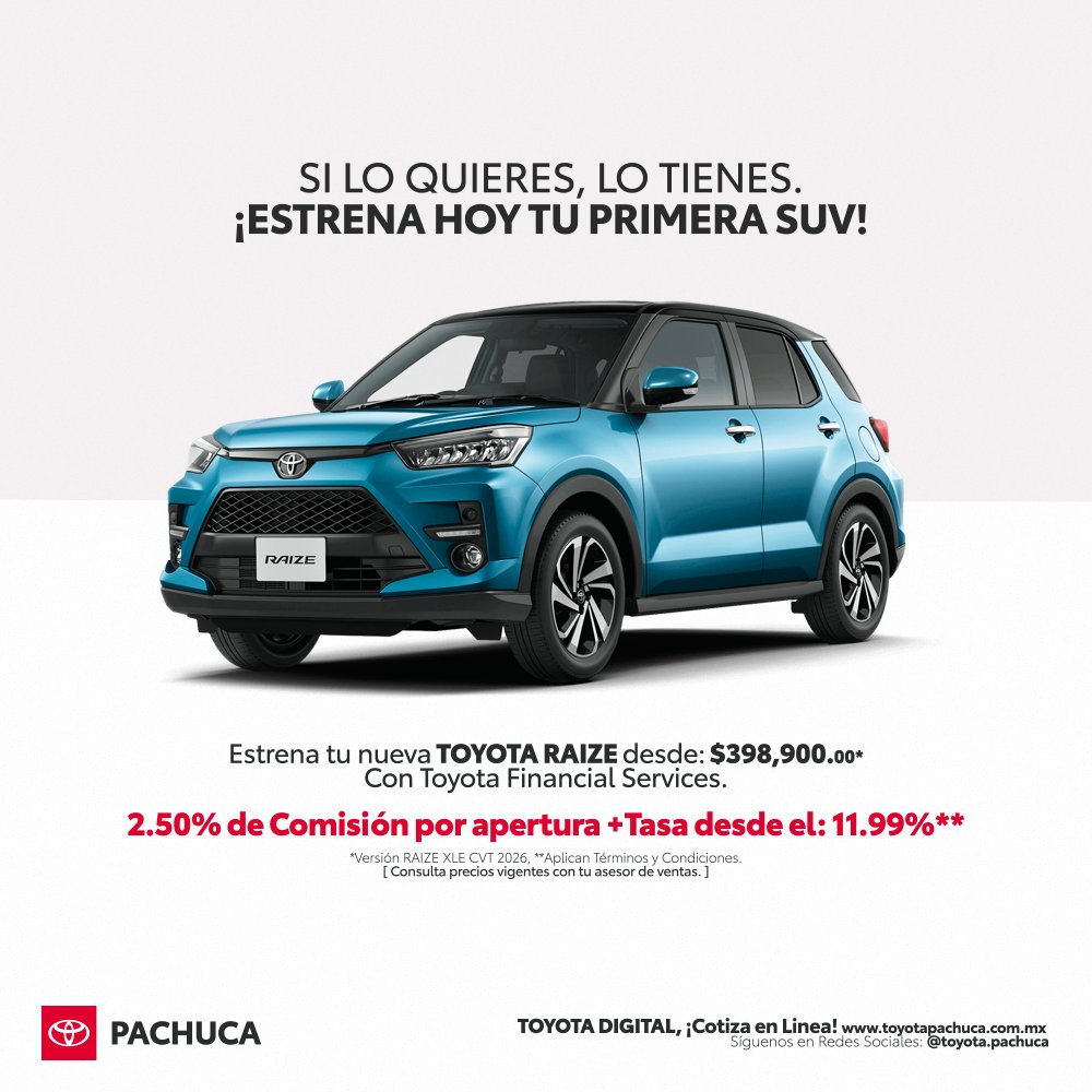 toyotapch's tweet photo. No necesitas la SUV más grande… necesitas la correcta.
Toyota #Raize: ágil en la ciudad, económica todos los días y con el estilo que te hace voltear a verla una vez más. 🚘✨
Estrénala este mes con tasa desde el 11.99% + 2.50% de comisión por apertura. https://t.co/45tRPp7oil