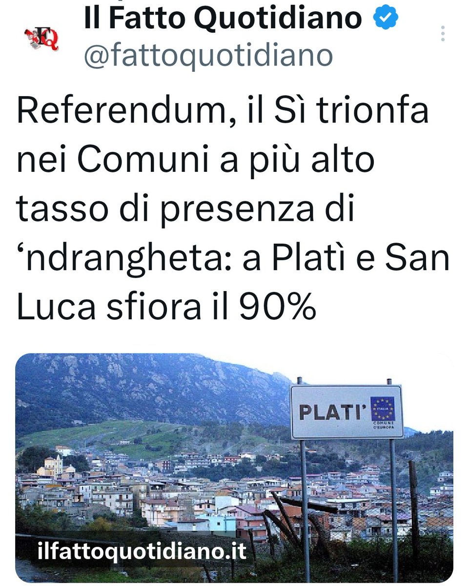 lucillaMasini2's tweet photo. Referendum, il Sì trionfa nei Comuni a più alto tasso di presenza di ‘ndrangheta: a Platì e San Luca sfiora il 90%.
Ops, vuoi vedere che aveva ragione Gratteri?
#Referendum2026 #Gratteri #24marzo #Maalox https://t.co/rpc4i8nkcZ