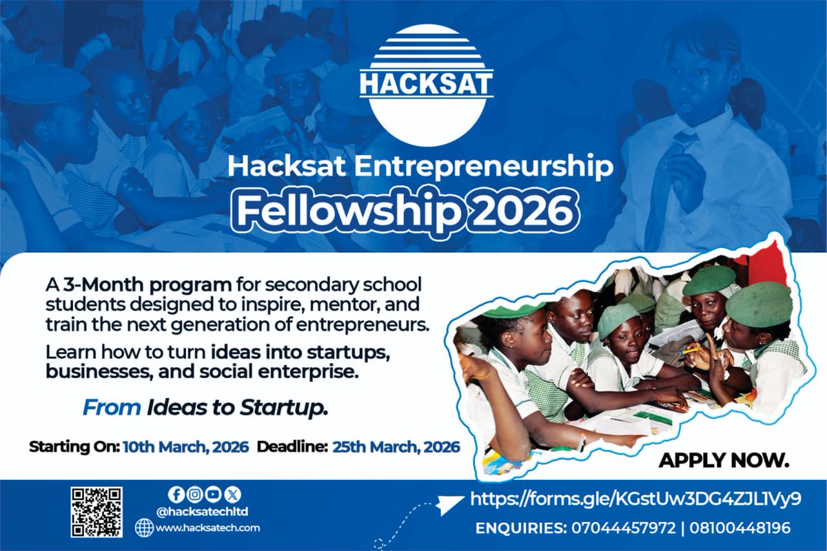 Hacksatechltd's tweet photo. Hacksat Entrepreneurship Fellowship 2026.

Apply here: https://t.co/mRS2otStNs https://t.co/NNlNsLL2Th