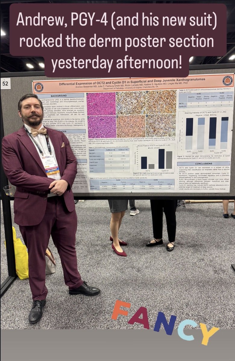 UVA_Pathology's tweet photo. Andrew walked the red carpet of the derm poster session in style 🤵‍♂️ #USCAP2026 https://t.co/Dp0LOGik38