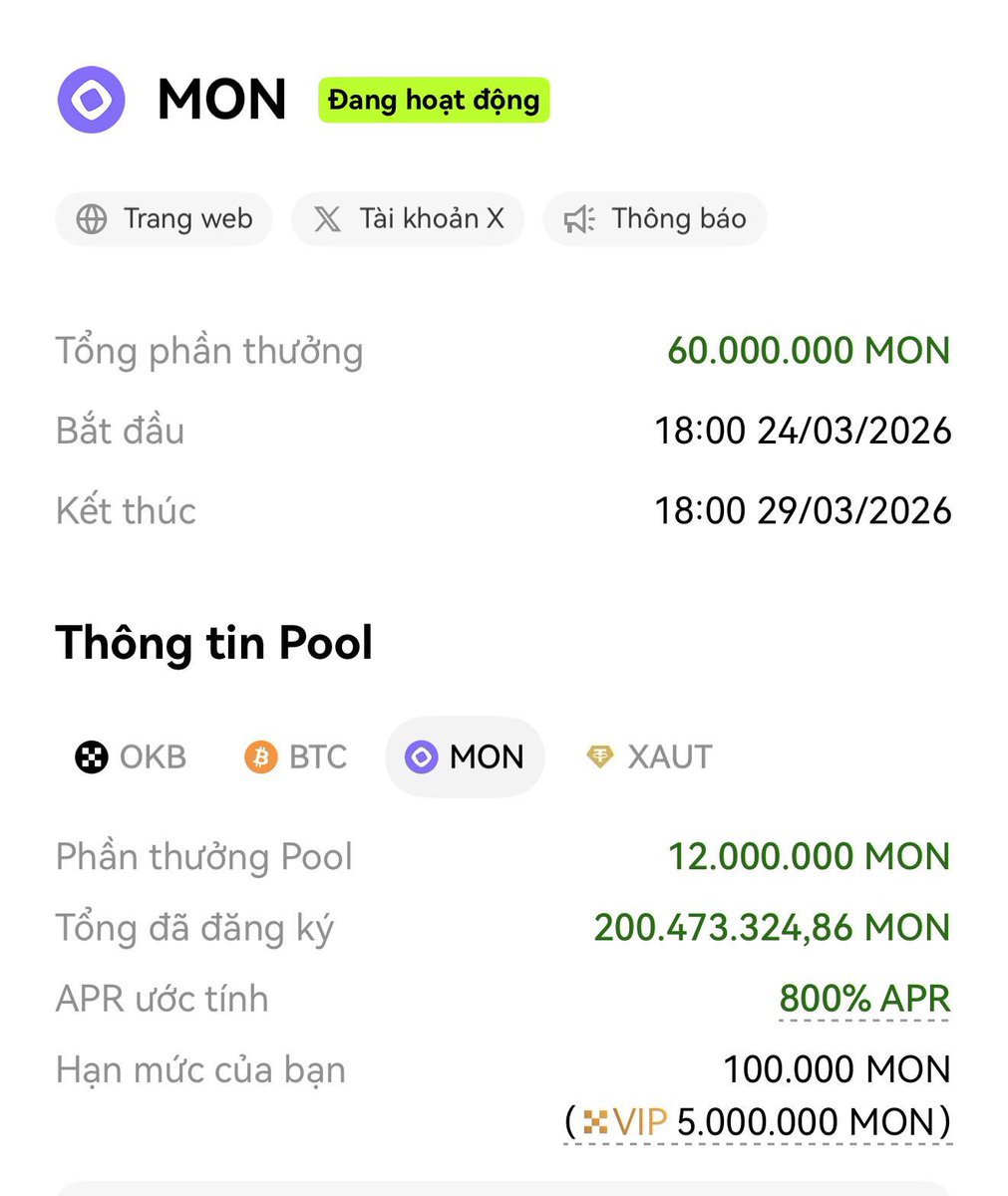 NickyPham_HC's tweet photo. 🛍Anh em hold $OKB $BTC $MON $XAUT thì bỏ vào farm nhận $MON 

🔼APR lên đến 800%

✔️Đăng ký sàn OKX (Hoàn phí 50%) https://t.co/GLH8rMxuOD  

Code ref: Alphaback

➕Tham gia stake nhận $MON tại đây https://t.co/prlZ4qRZeH https://t.co/RiCIZHPbja